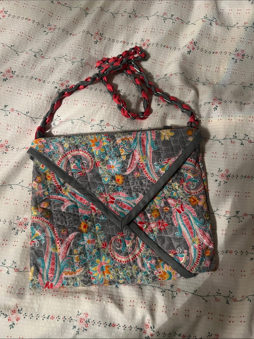 Handmade Quilted Paisley Envelope Crossbody Bag in Gray and Pink Floral Print